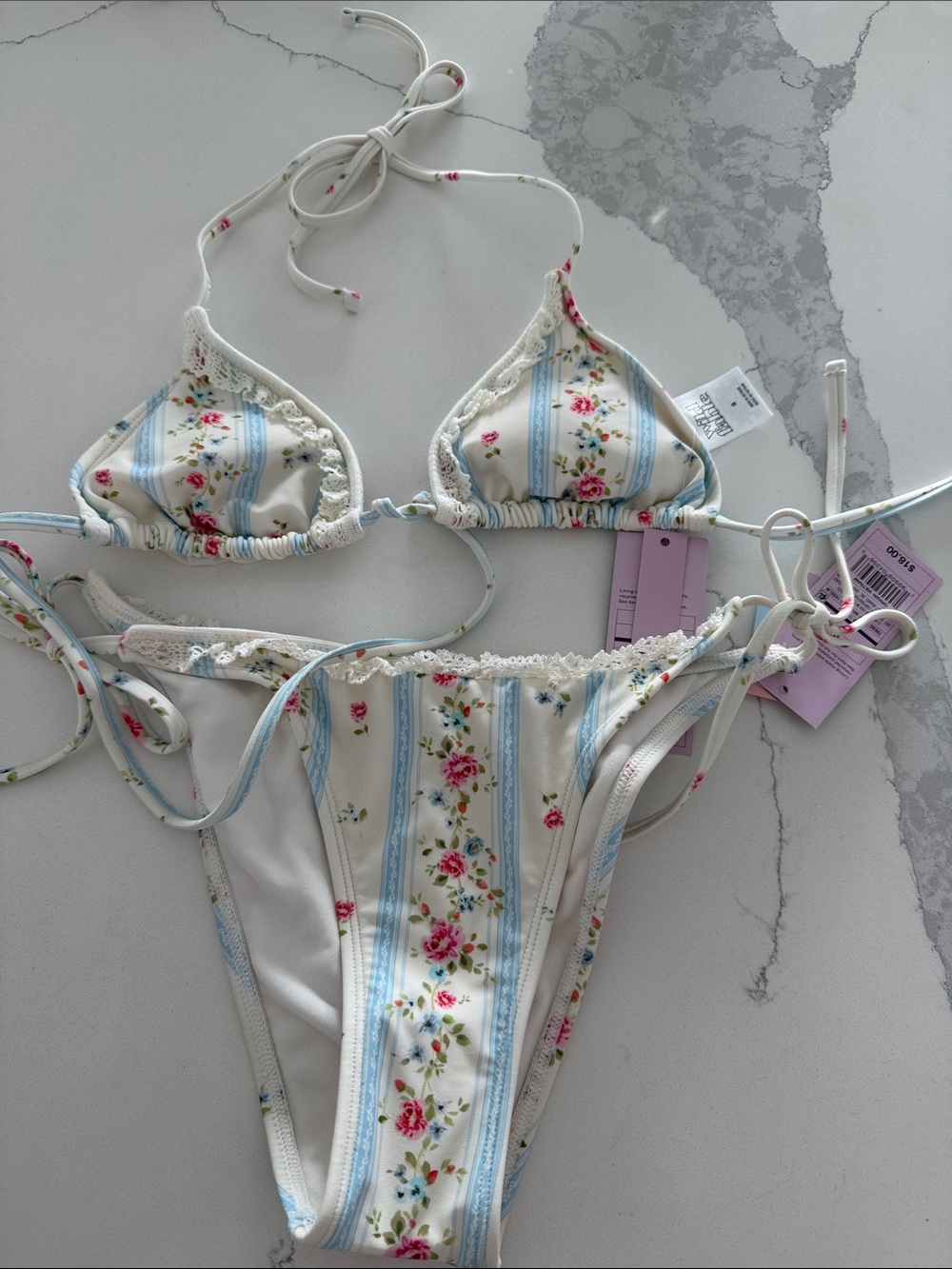 wild fable Cream Stripe Floral Triangle Bikini Set
